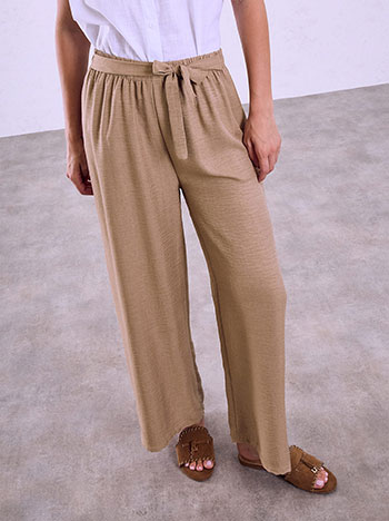 Wide leg trousers with waist tie in camel