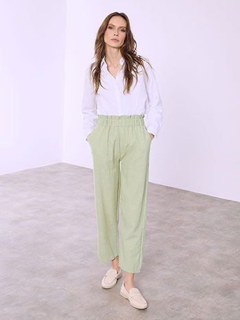 Trousers with ruffled waistband in light khaki