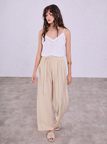 Monochrome wide leg trousers with tie in beige