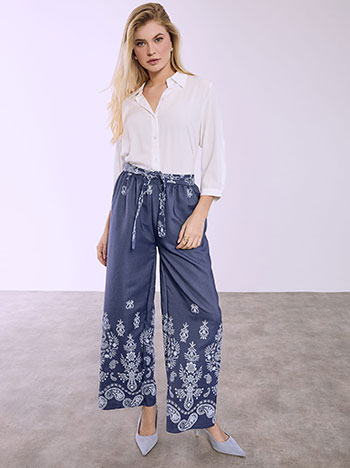 Trouser wide leg with printed details in dark blue