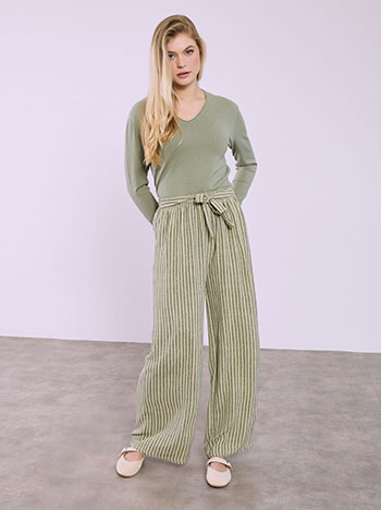 Trousers wide leg with tie in olive green
