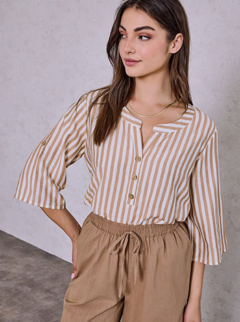Striped blouse with mao collar in light brown