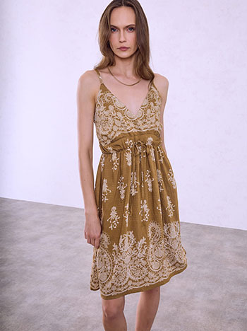 Mini printed dress with straps in camel