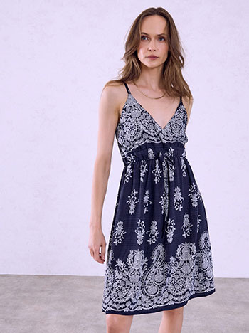 Mini printed dress with straps in dark blue