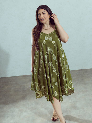 Midi dress with elastic straps in khaki