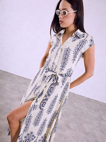 Shirt-dress with belt in dark blue off white