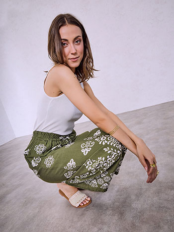 Printed wide leg trousers in khaki