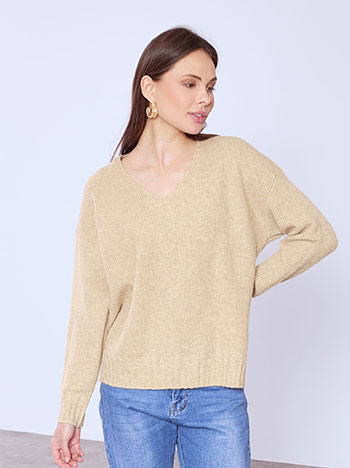 Πουλόβερ ασύμμετρο με V λαιμόκοψη σε μπεζ