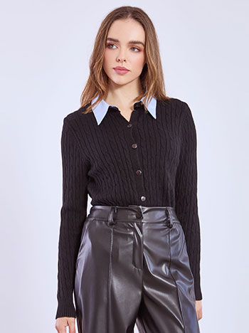 Cardigan knitted with shirt collar in black