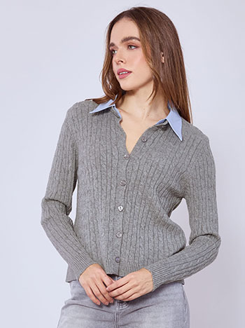 Ζακέτα πλεκτή με γιακά πουκαμίσου σε γκρι