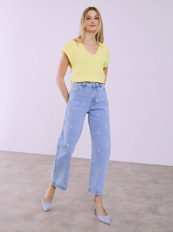 Τζιν balloon με κέντημα λουλούδια σε μπλε