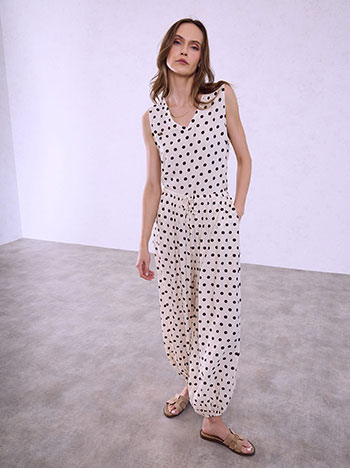 Polka dot trousers with elastic hem in beige
