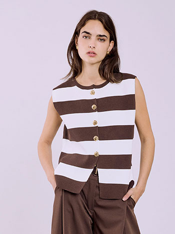 Striped vest with textured buttons in brown