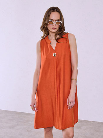 Dress with decorative button in burnt orange