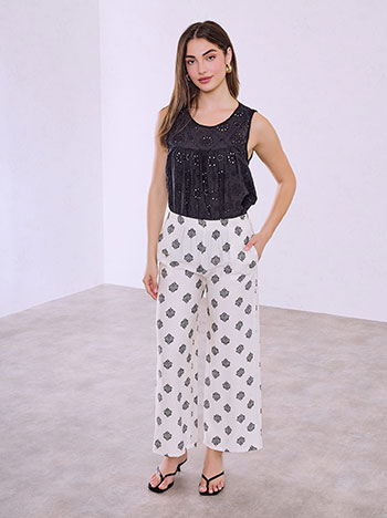 Printed wide leg trousers with cotton in off white