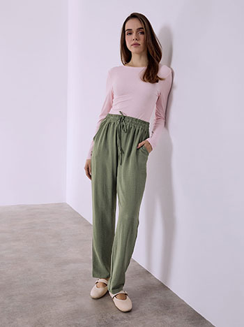 Παντελόνι μονόχρωμο με βισκόζη σε χακί