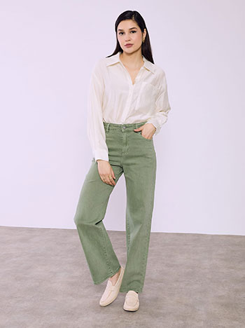 Τζιν wide leg με βαμβάκι σε χακί