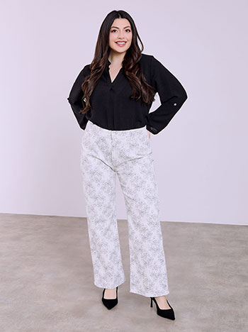 Τζιν wide leg με τύπωμα λουλούδια σε λευκό