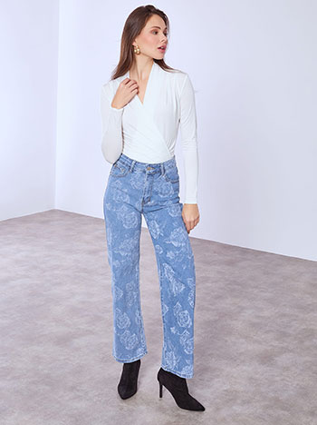 Τζιν wide leg με τύπωμα λουλούδια σε μπλε ανοιχτό