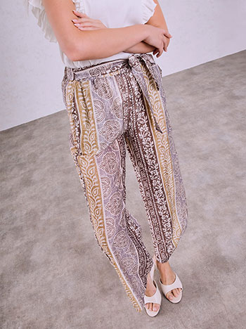 Printed tie-waist wide leg trousers in brown