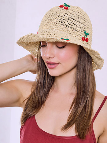 Hat with cherries in light beige