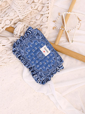 Printed cotton pouch with ruffles in blue