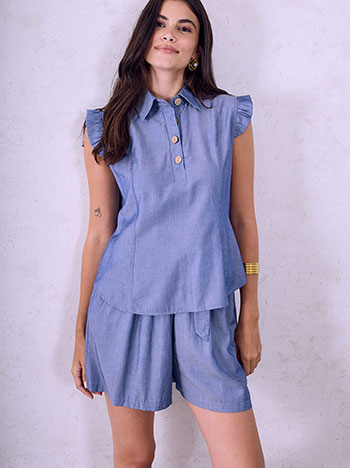 Denim like blouse and shorts set in blue