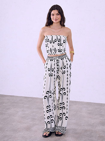 Strapless top and wide leg trousers set in off white