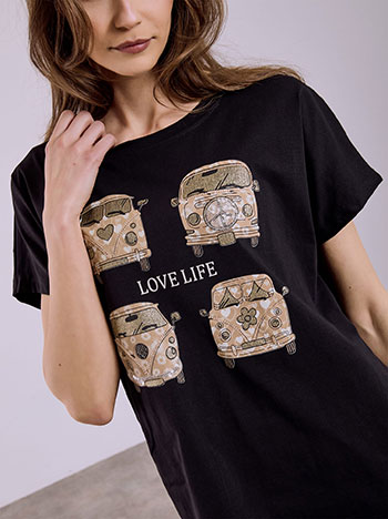 Asymmetric T-shirt with metallic graphic in black