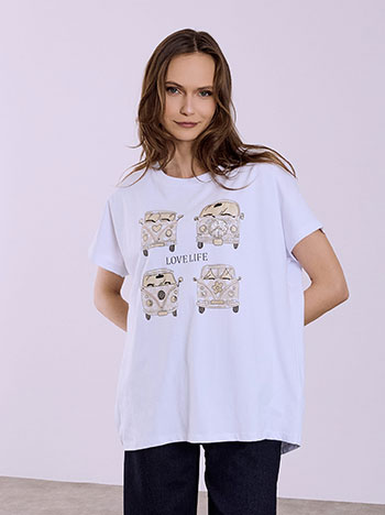 Asymmetric T-shirt with metallic graphic in beige