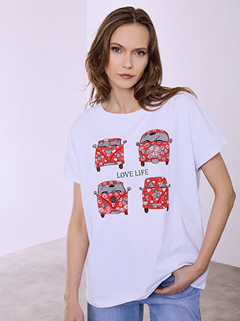 Asymmetric T-shirt with metallic graphic in red