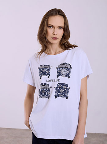 Asymmetric T-shirt with metallic graphic in dark blue