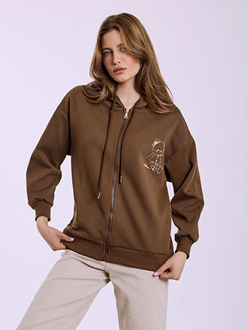 Athletic zip-up hoodie with teddy bear print in brown
