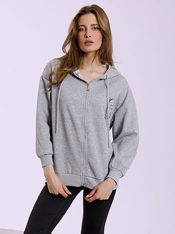 Athletic zip-up hoodie with teddy bear print in grey