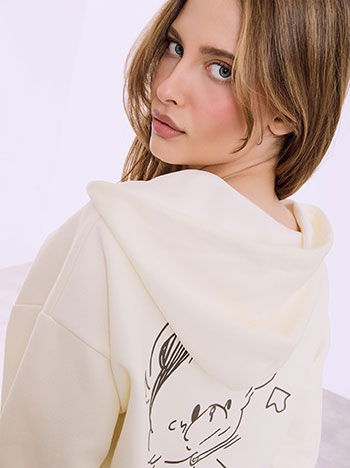 Athletic zip-up hoodie with teddy bear print in off white