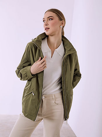 Monochrome jacket with hoodie in khaki