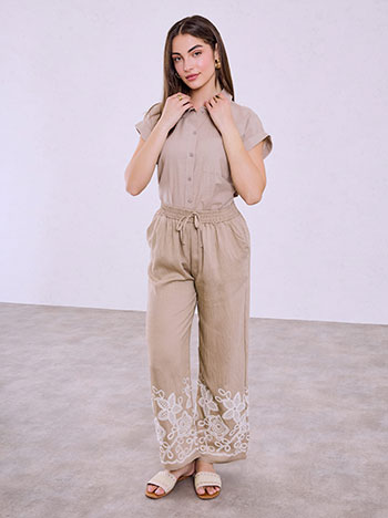 Wide-leg pants with embroidered hem in light brown