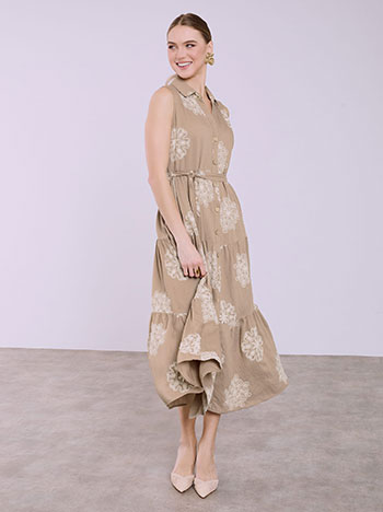 Φόρεμα σεμιζιέ απο βισκόζη με κεντήματα σε καφέ ανοιχτό