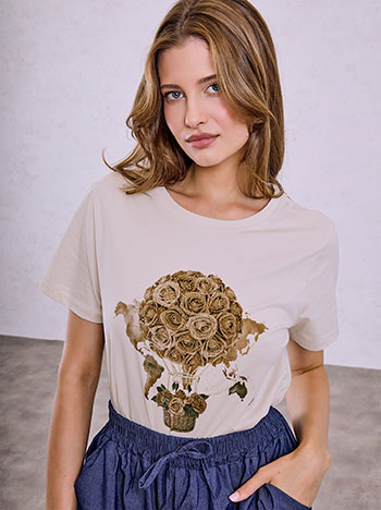 Hot air balloon print T-shirt in beige