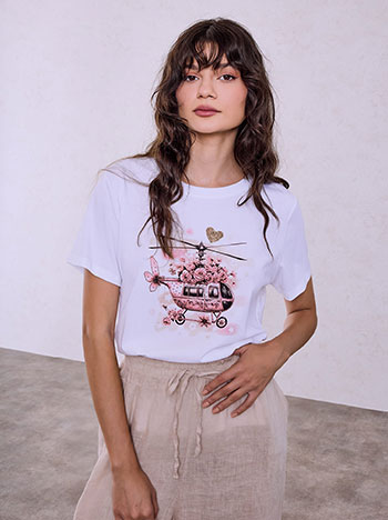T-shirt with print and rhinestone details in pink