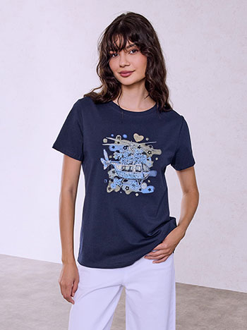 T-shirt with print and rhinestone details in dark blue
