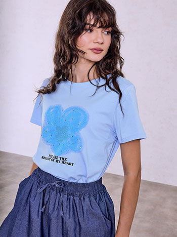 T-shirt with rhinestones and studs in sky blue
