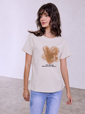 T-shirt with rhinestones and studs in beige