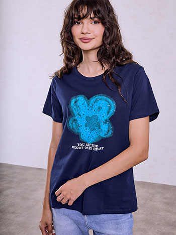 T-shirt με strass και τρουκς σε σκούρο μπλε