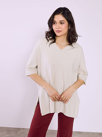 Sweater long with V neckline in beige