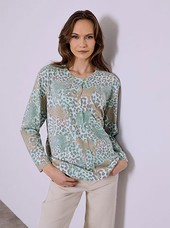 Cardigan with strass and animal print in almond green