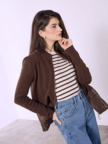 Cardigan with quilted hemline in brown