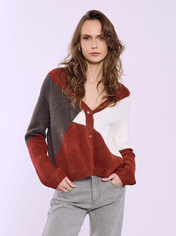 Cardigan with geometric patterns in wine red