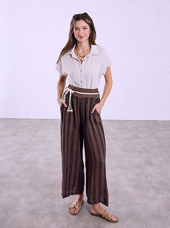 Linen striped wide-leg trousers with belt in brown