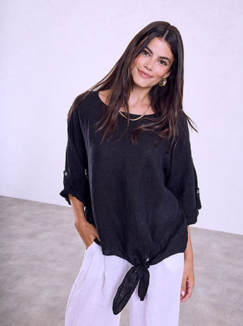 Linen blouse with side tie in black